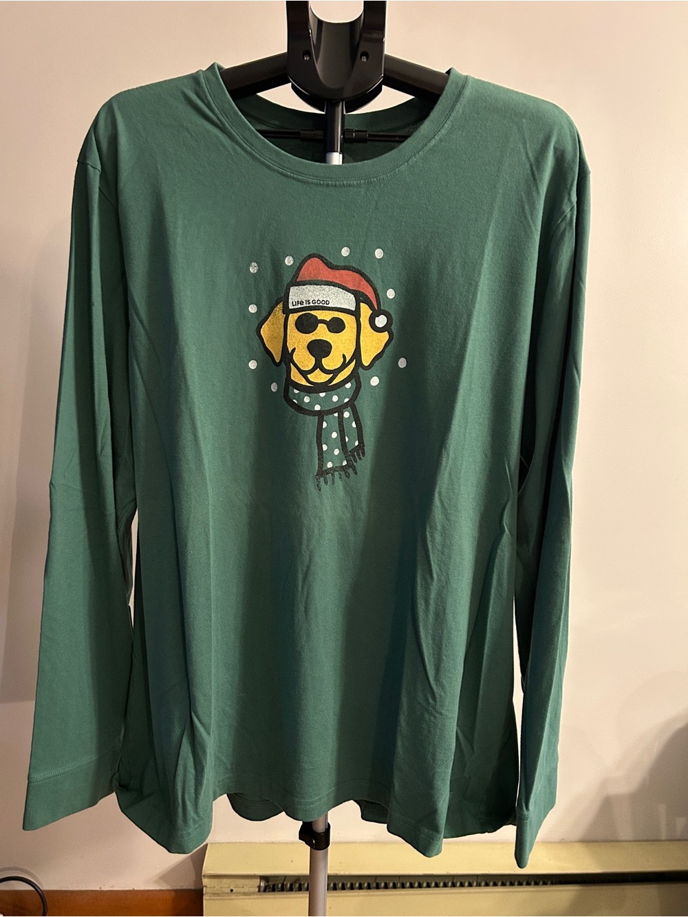 Life Is Good Men's Forest Green Long-Sleeve Tee with Holiday Dog Graphic
